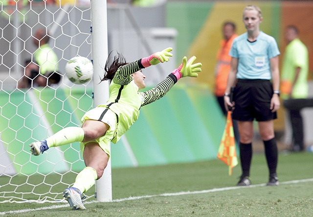The Associated Press United States goalkeeper Hope Solo fails to stop a penalty during a penalty shoot-out in the quarter-final match of the women’s Olympic football tournament between the United States and Sweden in Brasilia Friday Aug. 12, 2016. The United States was eliminated by Sweden after a penalty shoot-out.