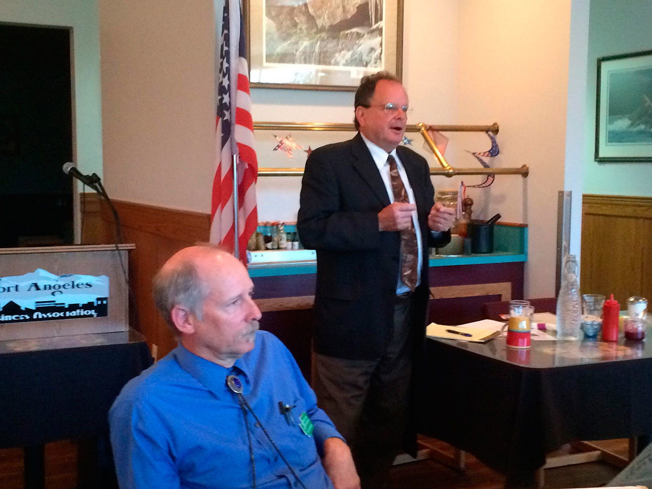 Clallam County Superior Court judge candidates Dave Neupert, right, and incumbent appointed Judge Brian Coughenour appear Tuesday at an election forum. (Paul Gottlieb/Peninsula Daily News)