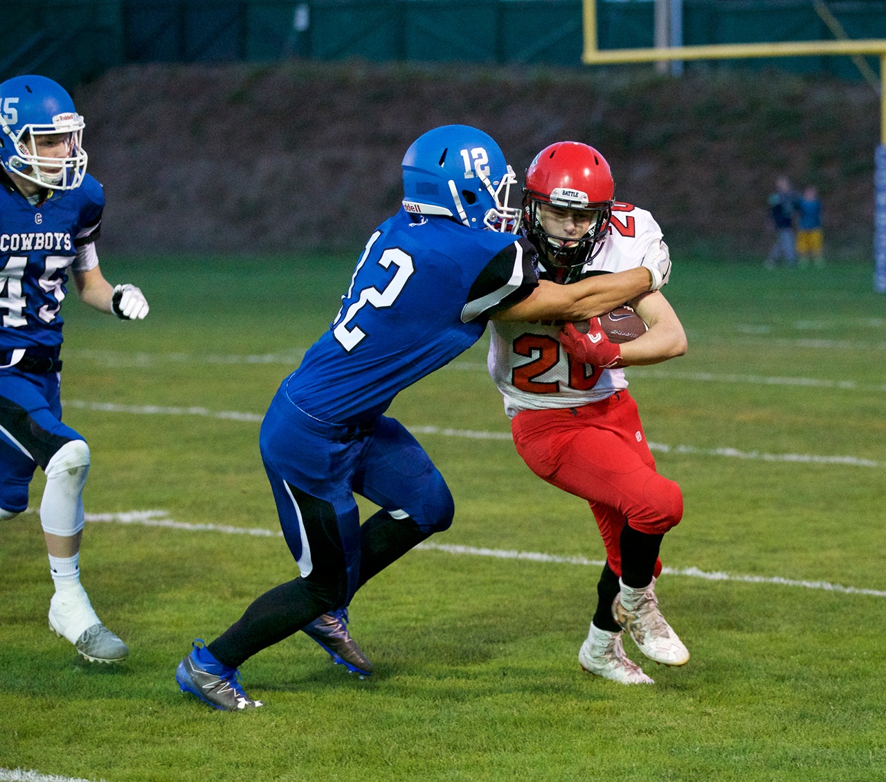 Steve Mullensky/for Peninsula Daily News                                Port Townsend’s Kyle Blankenship, right, fights off Chimacum’s Logan Storm during the Redhawks’ victory earlier this month. Port Townsend hosts Klahowya tonight in a crucial Olympic-Nisqually League game.