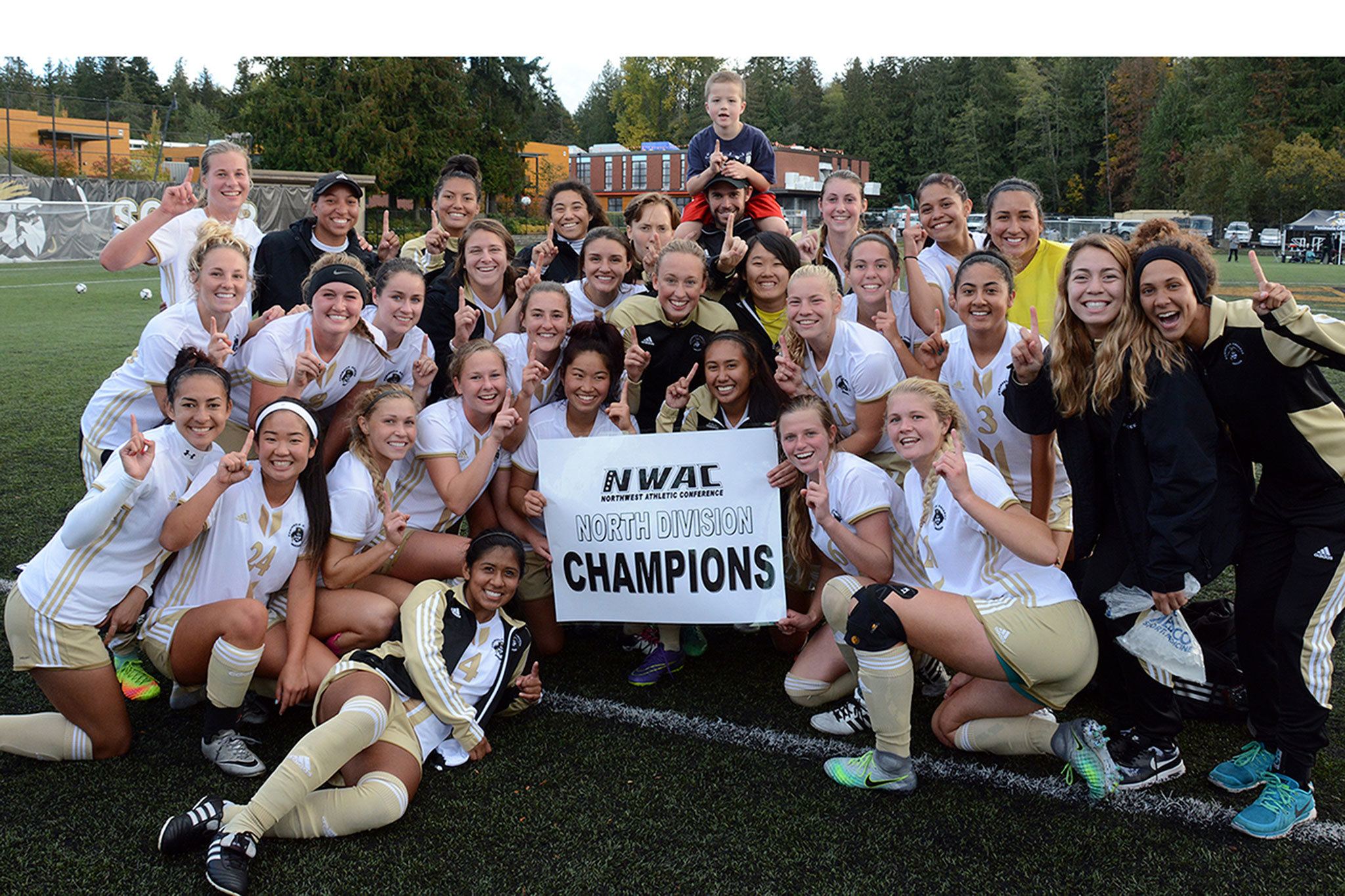 Peninsula College Athletics The Peninsula College women’s soccer team celebrates its sixth-straight NWAC division title after Monday’s 6-1 win over Shoreline at Wally Sigmar Field in Port Angeles.