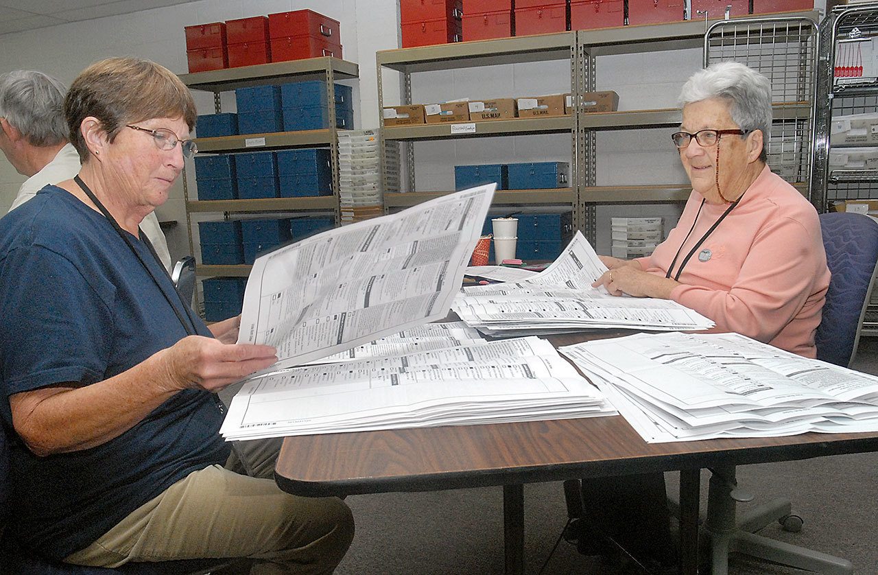 Clallam County election workers Kathy Withey, left, and Lyn Fiveash, both of Sequim, sort through returned ballots Wednesday at the Clallam County Courthouse in Port Angeles. (Keith Thorpe/Peninsula Daily News)