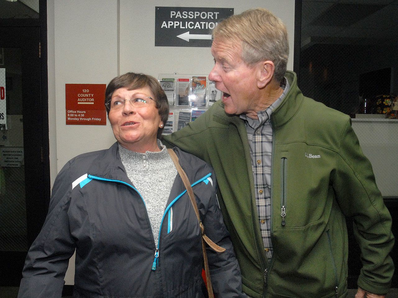 Clallam County commissioner candidate Randy Johnson celebrates his early lead with his wife, Carol Johnson, on Election Night at the Clallam County Courthouse in Port Angeles. (Keith Thorpe/Peninsula Daily News)