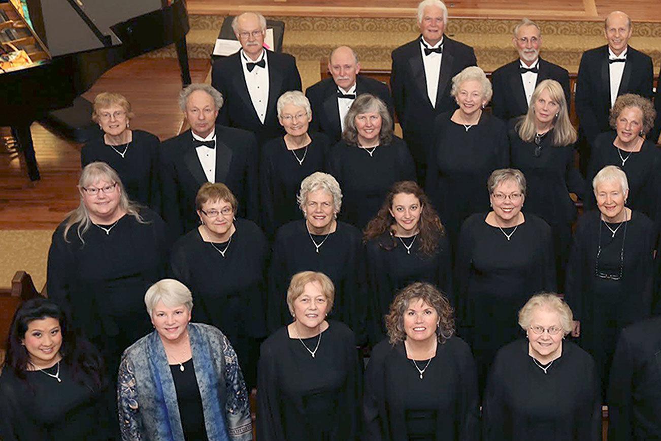 RainShadow Chorale members are, back row, from left, Doug Rodgers, Will Kalb, Don Landstra, Franz Witte, Glen Koch, Malcolm Hepworth, Pat Rodgers, Paul Becker, Linda Bach, Dorothy Hensey, Liz Hazen, Sally Chapin, Bev Schaaf, Claus Janssen, Brian Goldstein, Sue Reid, Sheila Hunt-Witte, Pat Nerison, Phina Pipia, Colleen Johnson, Helen Lauritzen, Weezie Jenkins and Kathleen Schott; front row, from left, Cherry Chenruk-Geelan, Rebecca Rottsolk, Diana Seifert, Jody Bower, Pat Vaughan, Bob McCauley, Kris Lott and Rick Kirkwood.