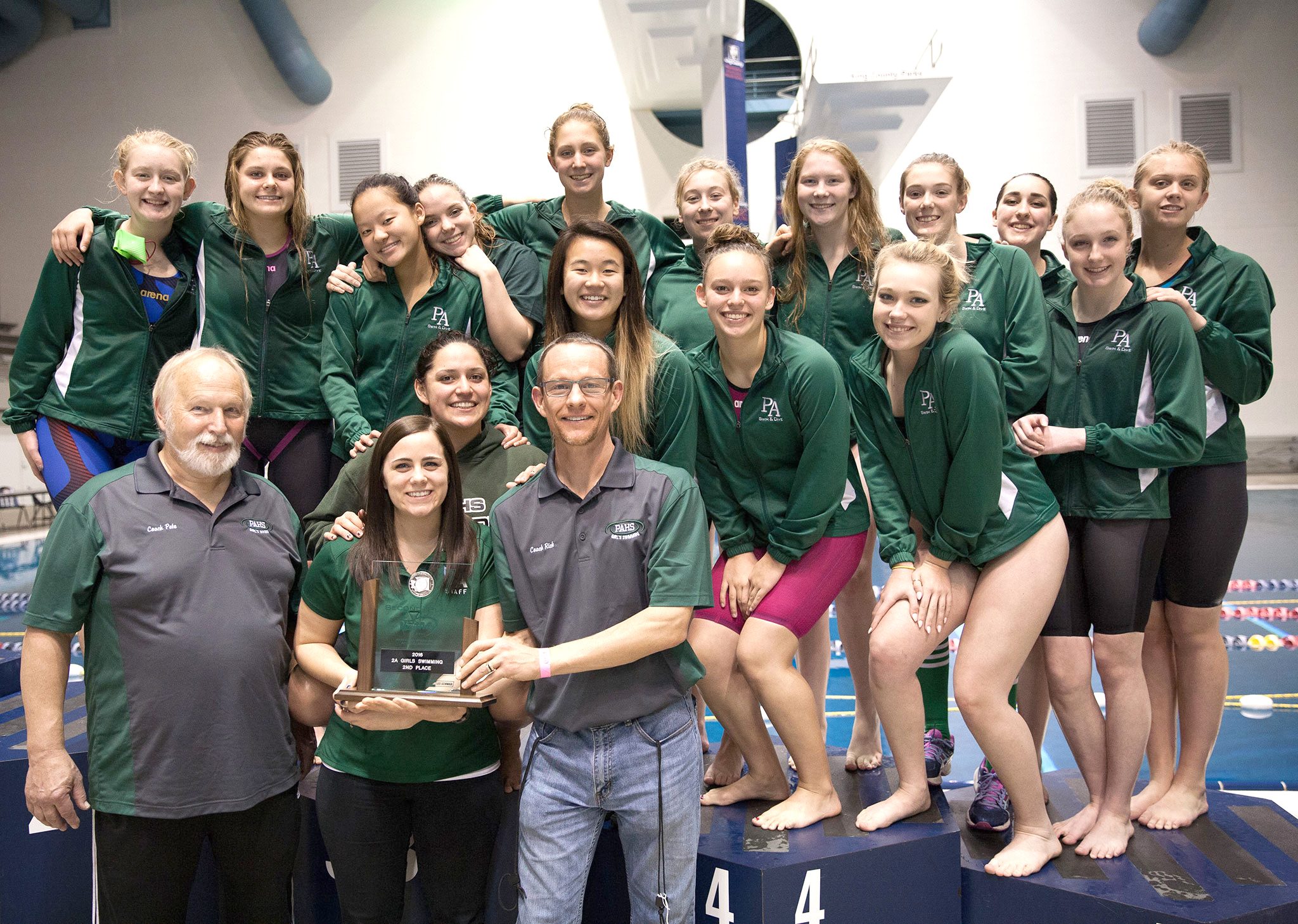 Port Angeles High School photo The Port Angeles Swim Team celebrates its second-place finish at the State 2A Swim and Dive Championships at the King County Aquatic Center in Federal Way.