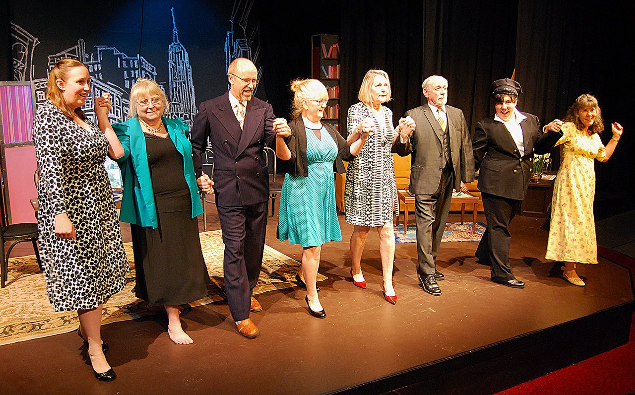 A 10-performance run of “The Odd Couple” opens at 7:30 p.m. Tuesday at the Port Angeles Community Playhouse, 1235 E. Lauridsen Blvd., in Port Angeles. Seen here are cast members Jennifer Hawley, from left, Debbie Bourquin, Ken Winters, Janet Lucas, Lynne Murphy, Joe Schulz, Stephanie Gooch and Nancy Gooch. (Robert Bronsink)
