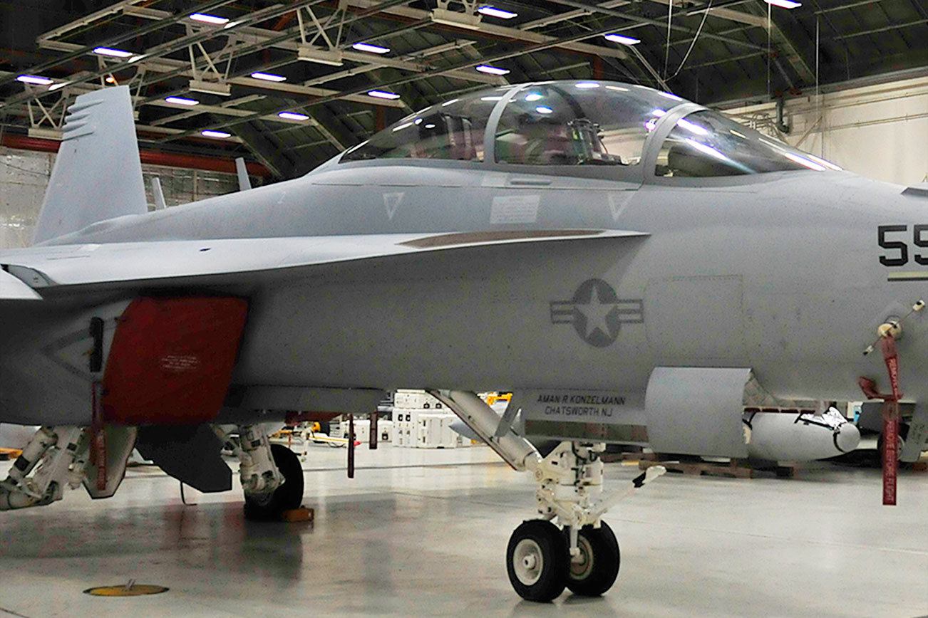 An EA-18G Growler aircraft is displayed for a media availability at Naval Air Station Whidbey Island, Wash., December 5, 2016. Photo by Michael Watkins/Whidbey News-Times