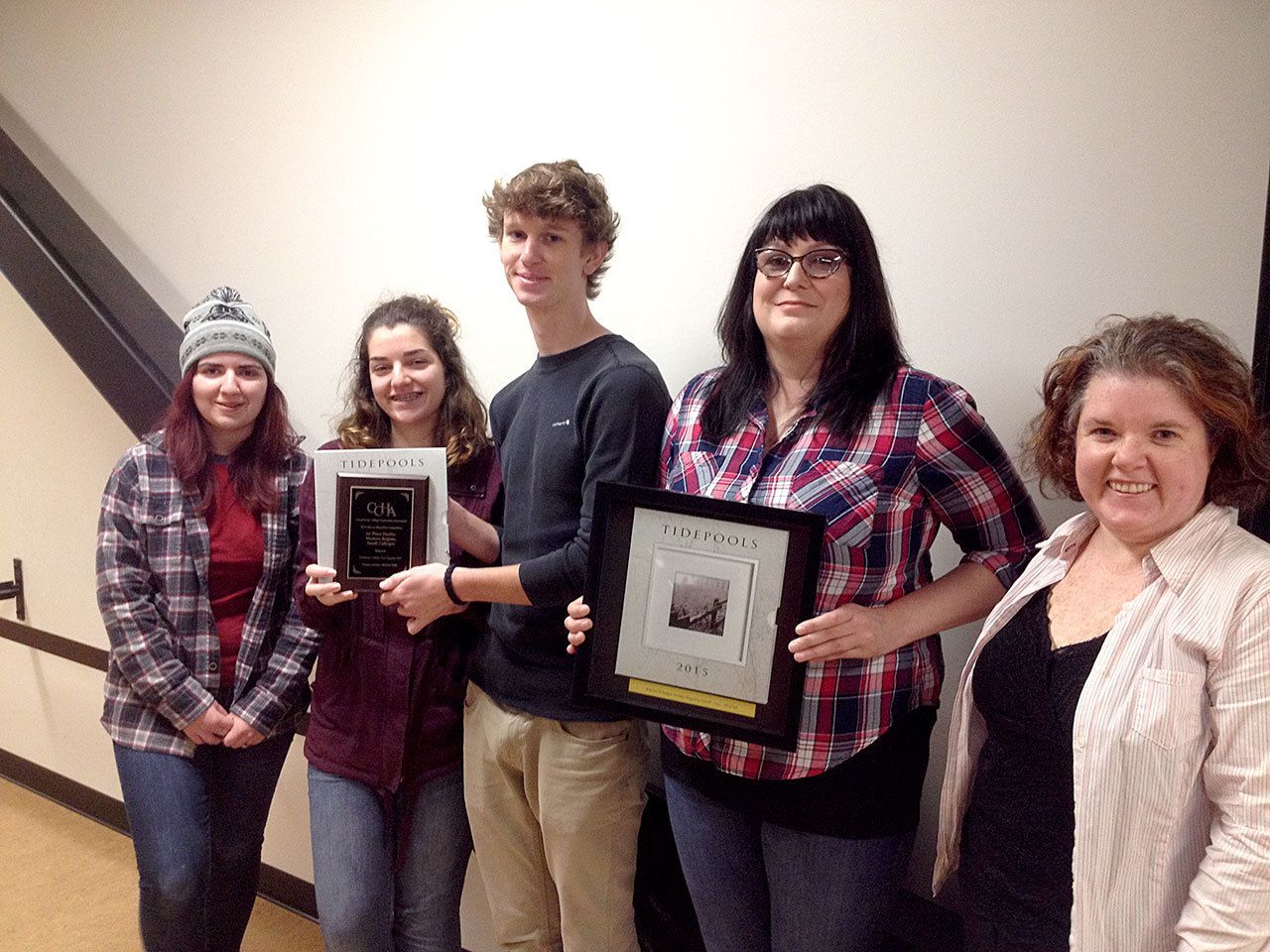 From left are Tidepools Managing Editor Emily Jernigan and co-editors Baylee Bamford, David Jensen, Bridget Eleson and Julie Steiger. (Peninsula College)