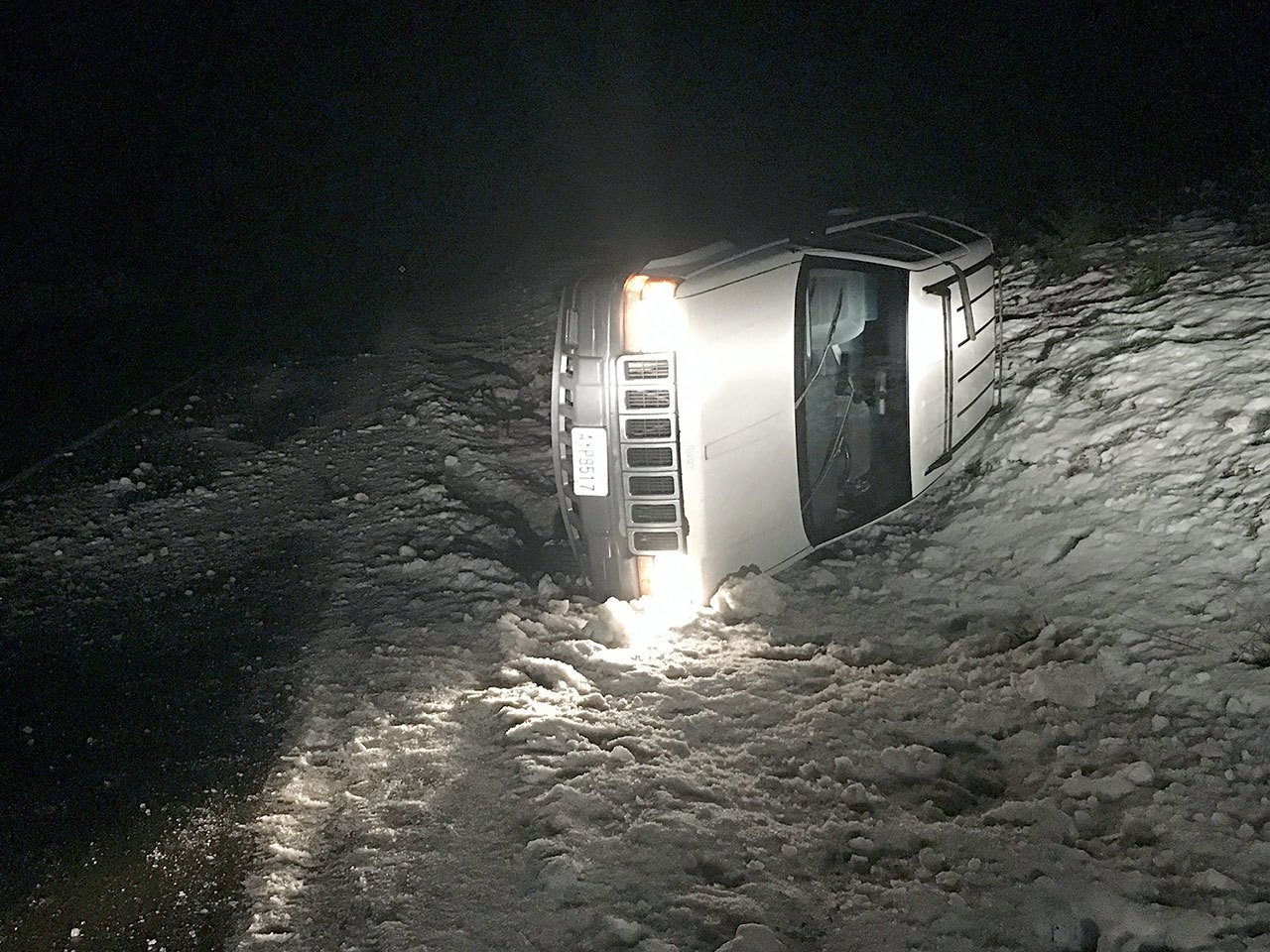 Clallam County Fire Distrcit No. 2 responding to a vehicle accident at 235441 Highway 101 just West of Granny’s Restaurant at 4:44 a.m. Tuesday found a 1998 Jeep Grand Cherokee lying on its side in the ditch on the North side of the roadway. (Clallam County Fire District No. 2)