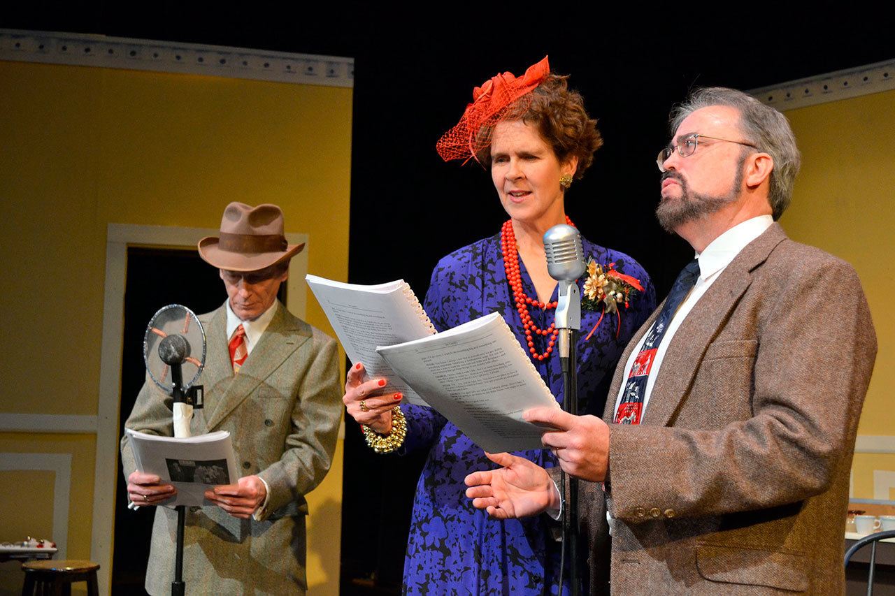 Dan DePrez, Ingrid Nixon and Keith Curtis, from left, open the beginning of Olympic Theatre Arts’ performance of “It’s a Wonderful Life” during a recent rehearsal. The trio, and several others, appear in the live radio play that features an organist, sound effects and more in a New York radio studio. It runs Dec. 8-11. (Matthew Nash/Olympic Peninsula News Group)