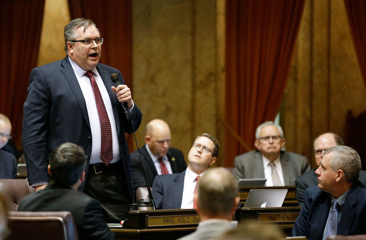 Rep. Mike Volz, R-Spokane, speaks on the state House floor Monday at the Capitol in Olympia. (Ted S. Warren/The Associated Press)