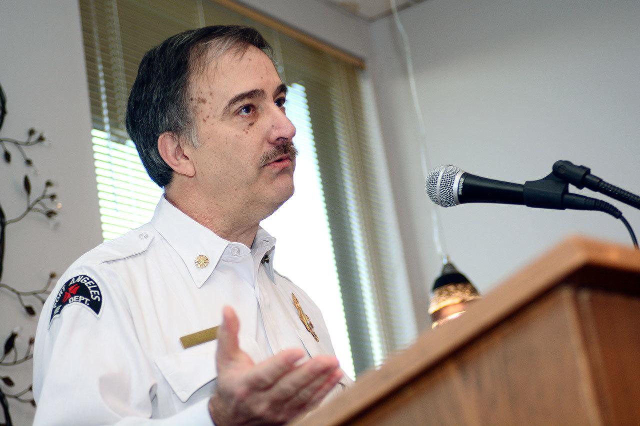 Port Angeles Fire Chief Ken Dubuc tells Port Angeles Business Association members Tuesday the city is at risk of its fire insurance rating being downgraded if more firefighters aren’t hired by July. (Jesse Major/Peninsula Daily News)