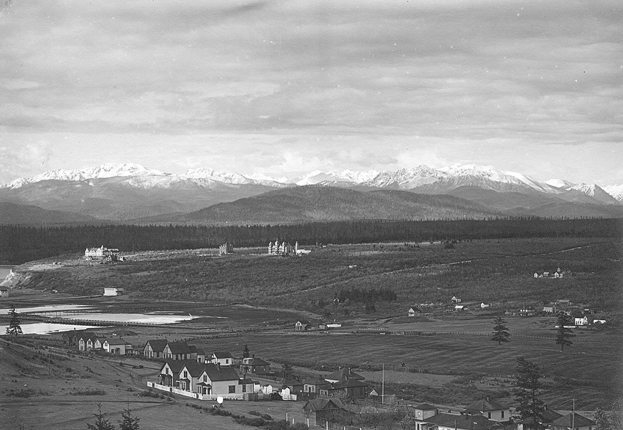 Jefferson County Historical Society The view toward the mountains in 1902 shows the Eisenbeis Hotel, Eisenbeis residence and, in the center, St. John’s Hospital at 651 Cleveland St. in Port Townsend.