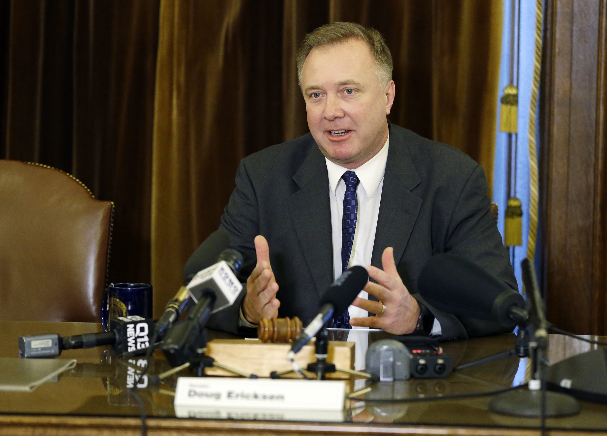 Washington state Sen. Doug Ericksen, R-Ferndale, talks to reporters Thursday at the Capitol in Olympia. (Ted S. Warren/The Associated Press)