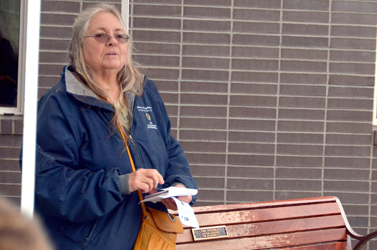 Disability Awareness Starts Here President Pat Teal spoke during a dedication of a bench outside of Jefferson Healthcare in honor of her friend and DASH colleague Lynn Gressley. (Cydney McFarland/Peninsula Daily News)