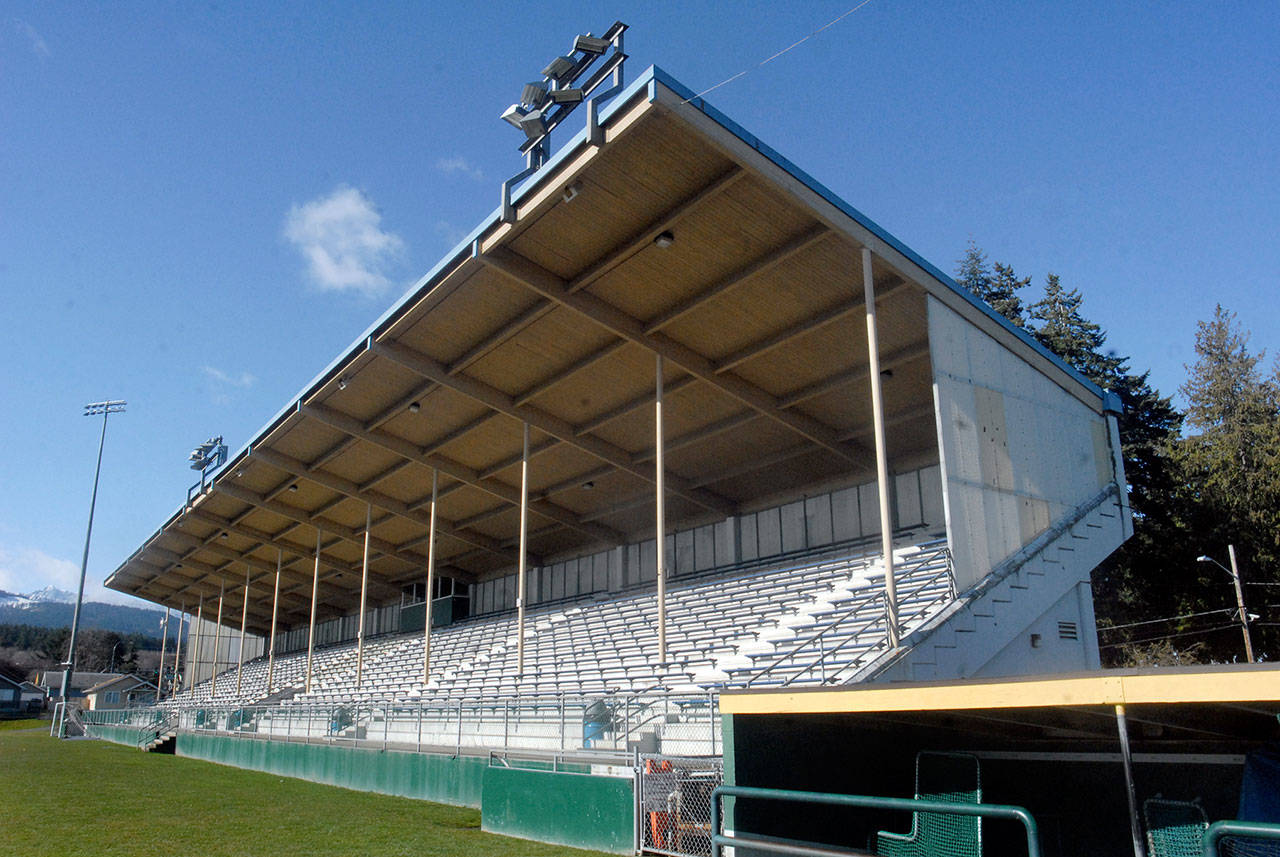 The roof covering the grandstand at Port Angeles Civic Field is scheduled for replacement this spring in time for the start of the Port Angeles Lefties West Coast League amateur baseball season. (Keith Thorpe/Peninsula Daily News)
