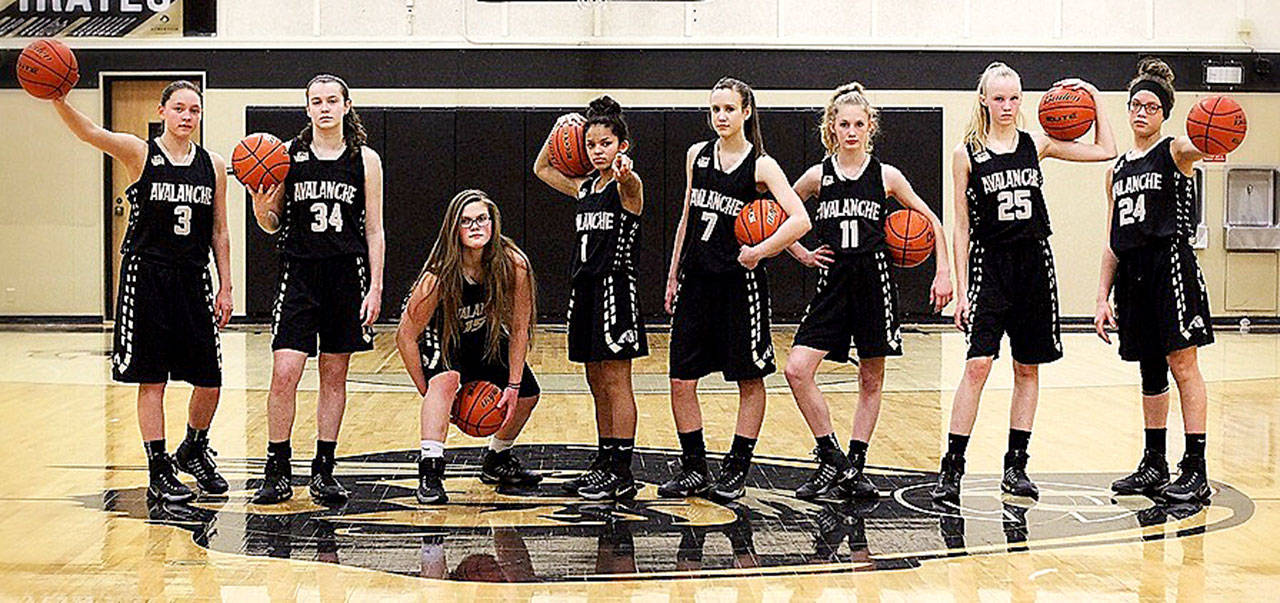 The Olympic Avalanche Black eighth-grade girls team. From left, they are Jada Cargo-Acosta, Jaida Wood, Myra Walker, Camille Stensgard, Hannah Reetz, Emilia Long, Maggie Ruddell, M.J. Cooke