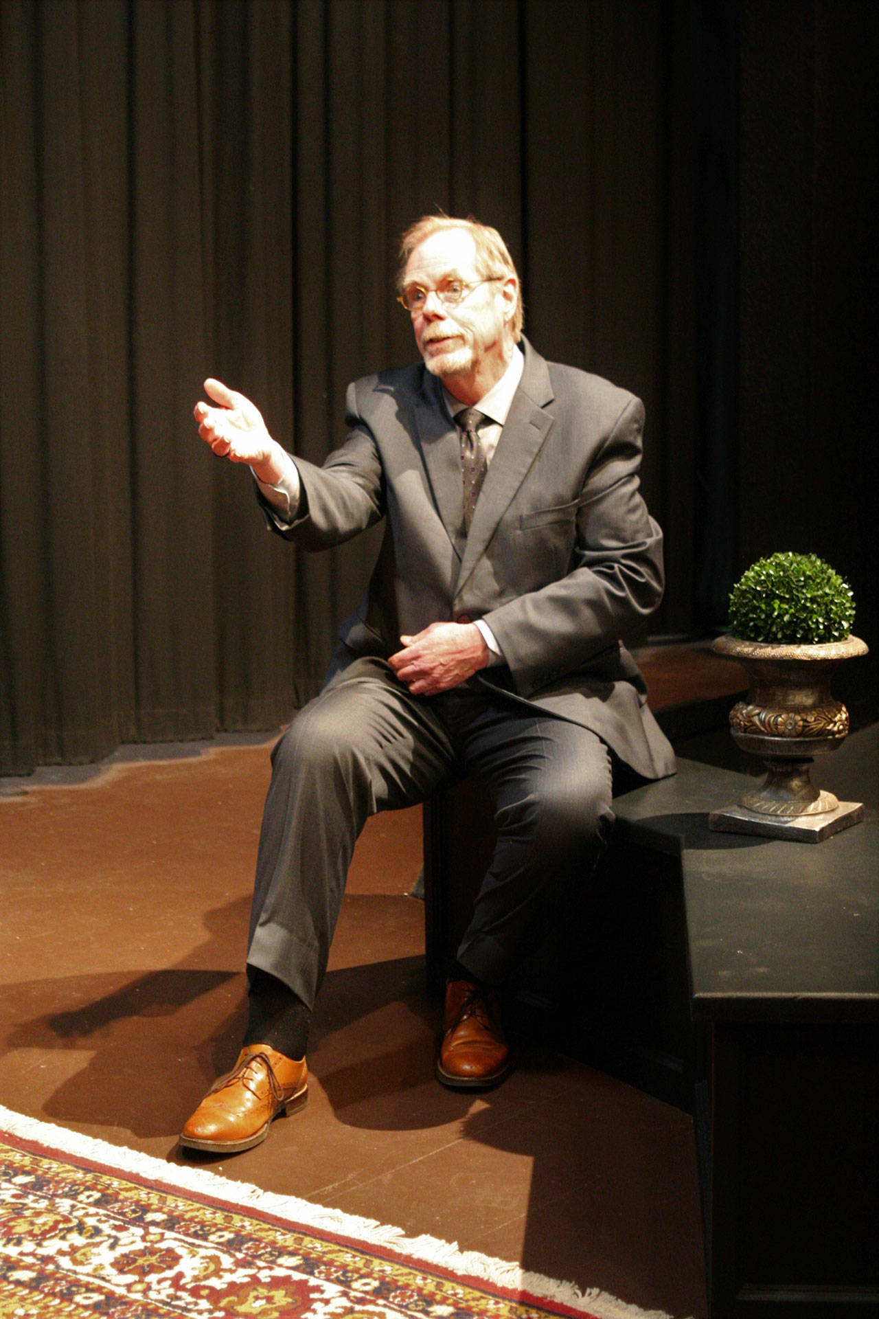 Pat Owens is shown playing an undertaker during a rehearsal of the Port Angeles Community Players’ Second Stage production of “Three Viewings.” (Kate Carter)