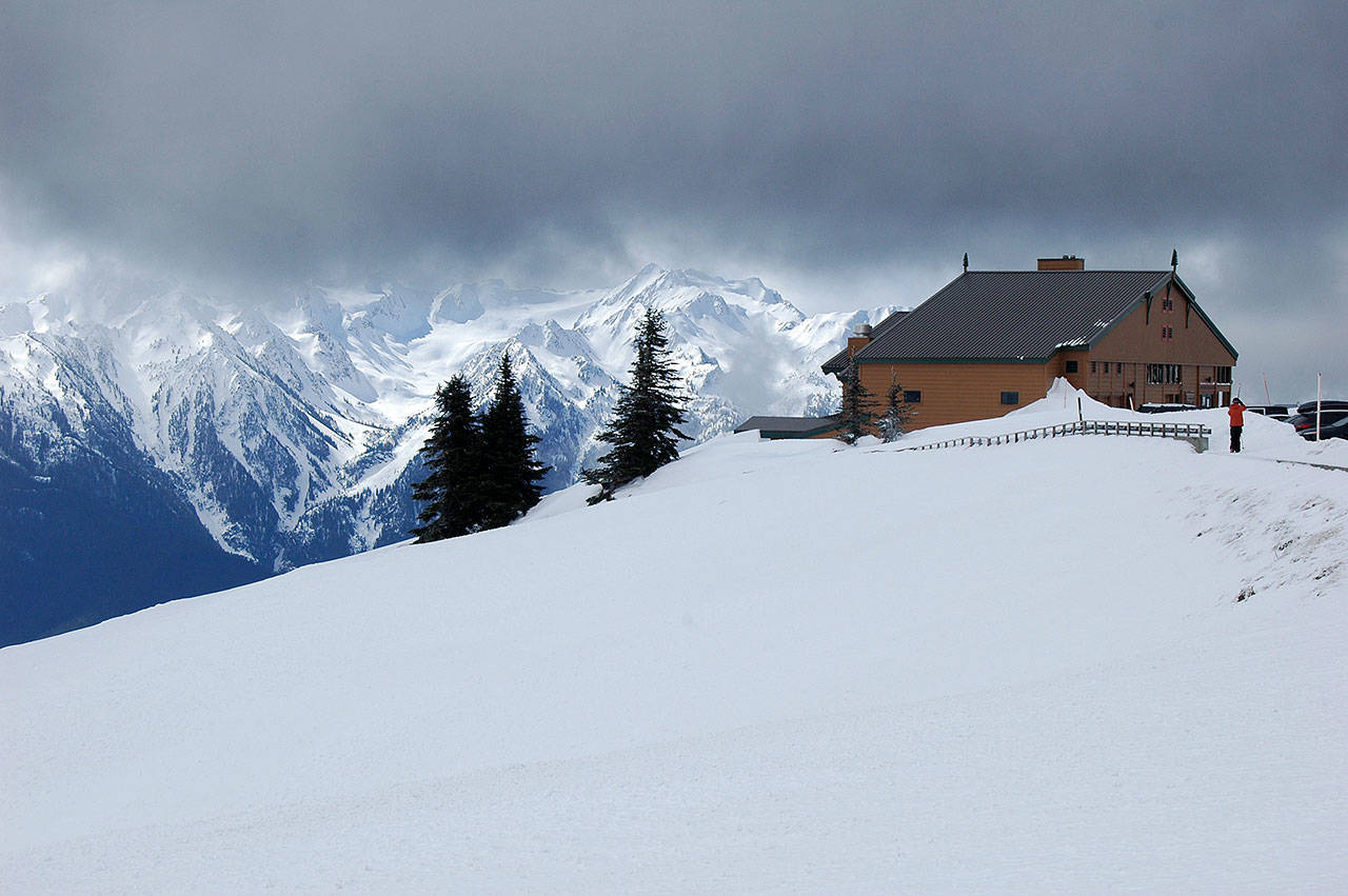 The snowpack is 112 percent of normal in the Olympic Mountains, including at the Hurricane Ridge Visitor Center, pictured here March 20, a day before the start of spring. (Paul Gottlieb/Peninsula Daily News)
