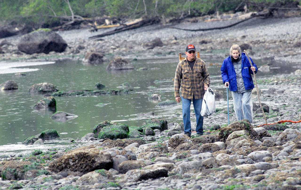 John French of Joyce, left, and Maurie Sprague of Port Angeles look for trash along the shore of Freshwater Bay west of Port Angeles as part of Washington CoastSavers’ annual Washington Coast Cleanup. Cleanup teams fan out on beaches along the Strait of Juan de Fuca and the Pacific Ocean down to the Columbia River to pick up litter and other coastal debris. (Keith Thorpe/Peninsula Daily News)