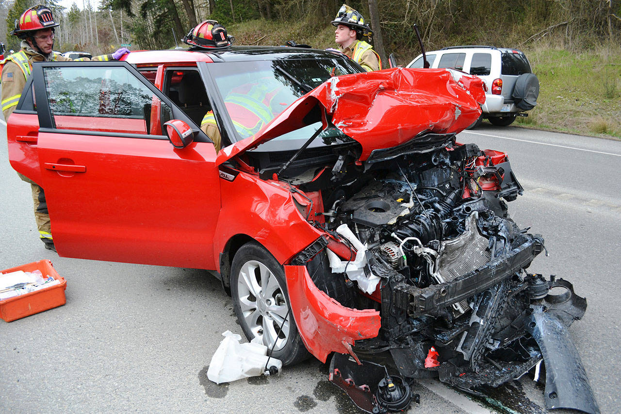 The driver of this Kia Soul, a 67-year-old Nordland man, was taken to Jefferson Healthcare hospital for evaluation Monday after officials say he struck a Dodge Durango on state Highway 19. (Bill Beezley/East Jefferson Fire-Rescue)