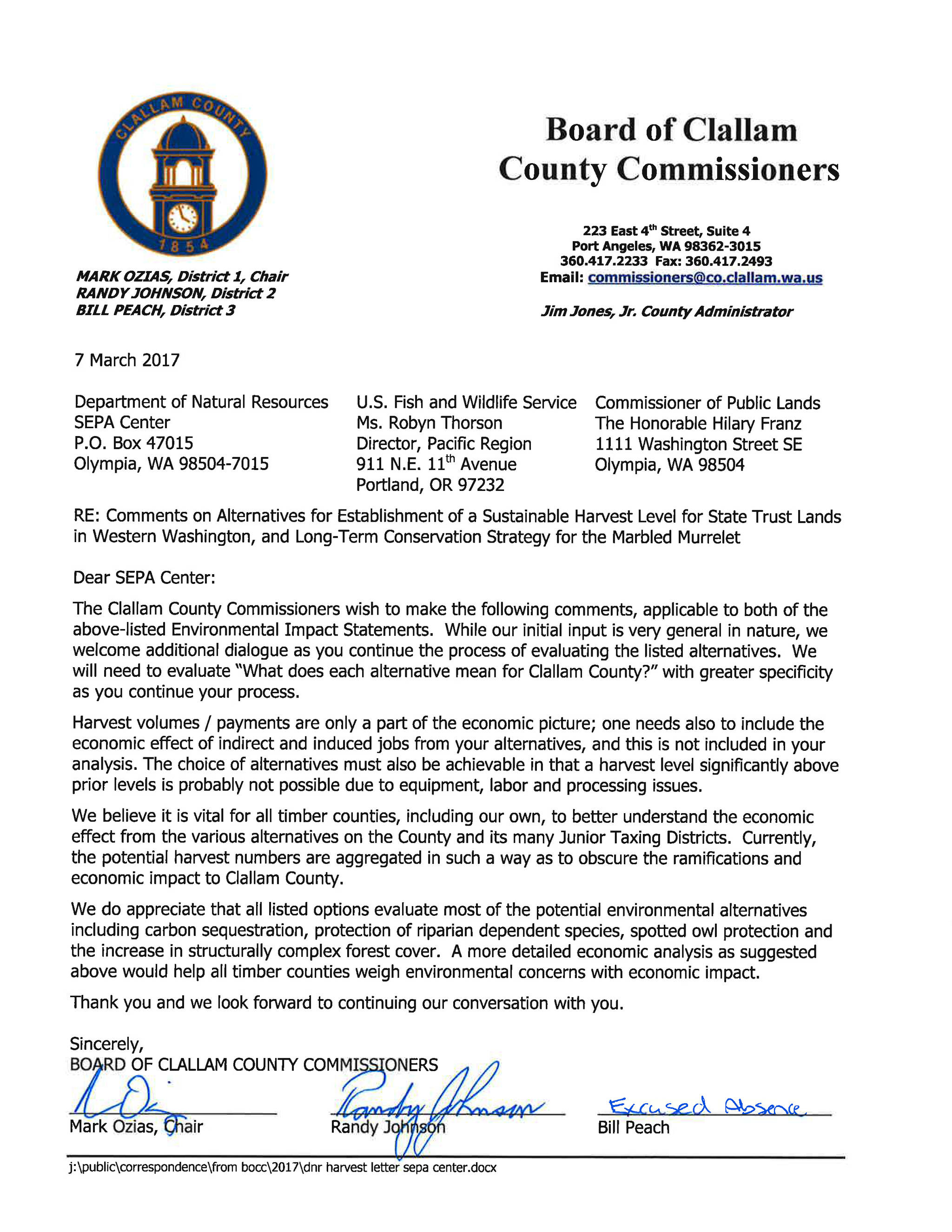 Clallam County sends letter to Department of Natural Resources on timber harvests, marbled murrelet