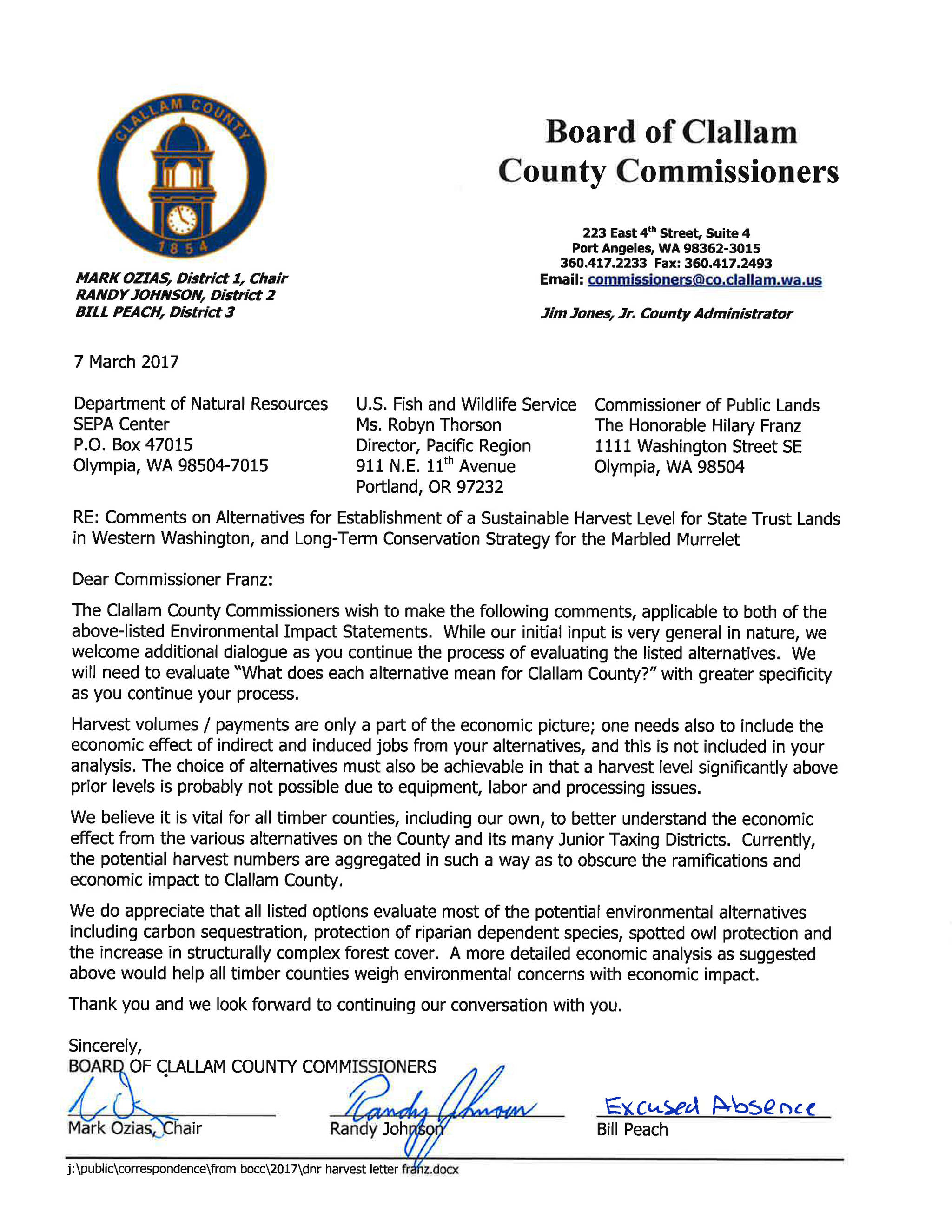 Clallam County sends letter to Department of Natural Resources on timber harvests, marbled murrelet