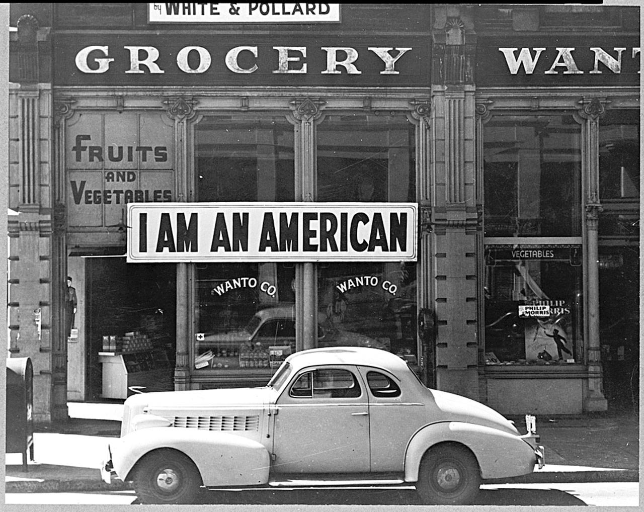 This image, from the Library of Congress shows a sign placed on an Oakland, Calif., store Dec. 8, 1941, the day after the attack on Pearl Harbor. The store was closed after the internment order was issued. The owner, a University of California graduate, was housed with hundreds of evacuees in War Relocation Authority centers for the duration of the war.