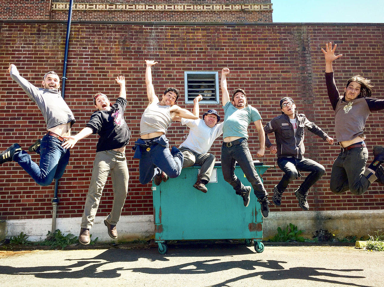 The production team of “P Town” celebrates this weekend’s premiere. From left are Misha Fradin, Daniel Milholland, Tomoki Sage, Ted Krysinski, Kiyota Sage, Michael McCurdy and Chen Pollina.