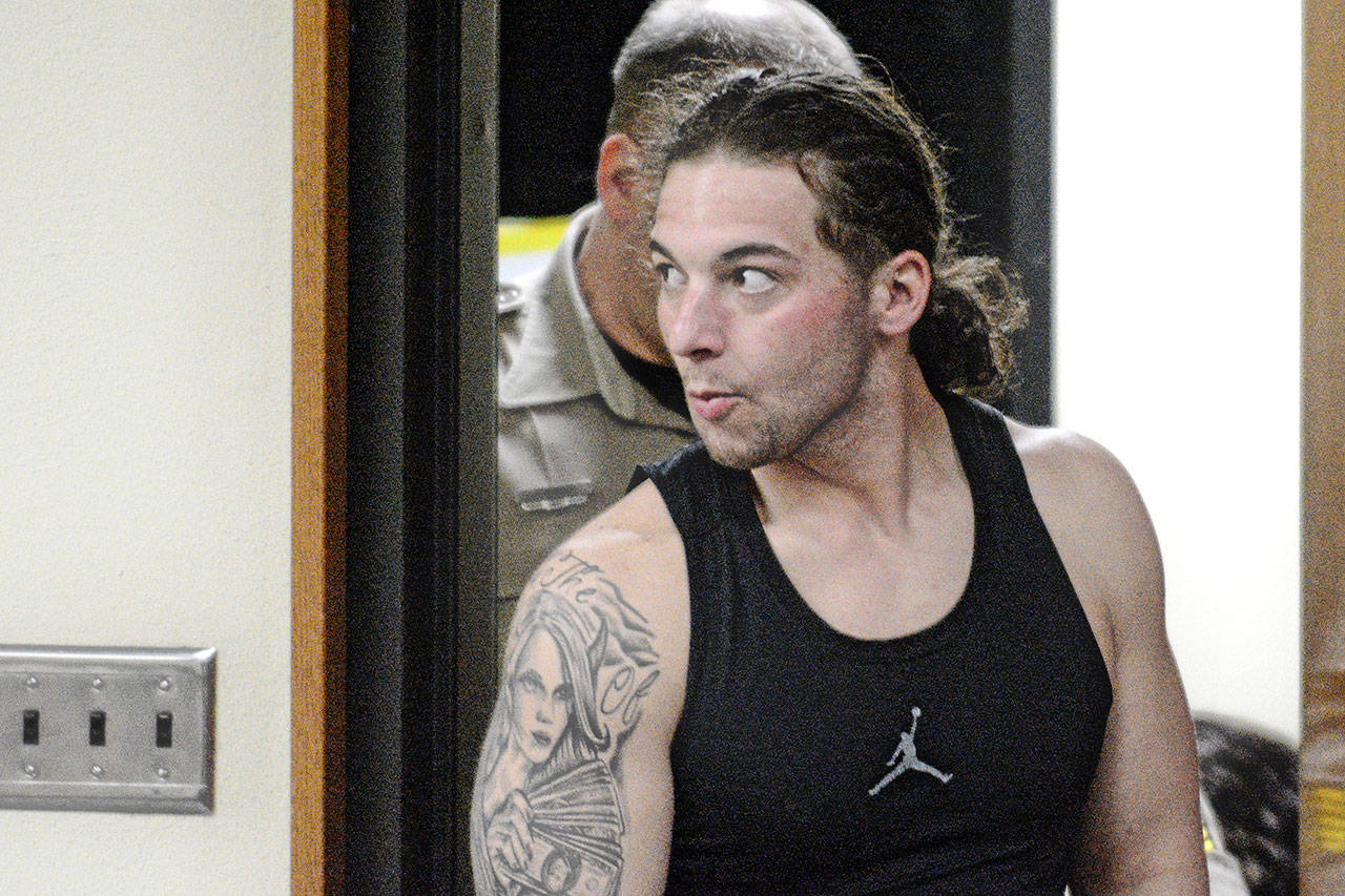 Gerald Neil Walkup of Port Angeles, 26, makes an initial appearance in Clallam County Superior Court in April. (Jesse Major/Peninsula Daily News)