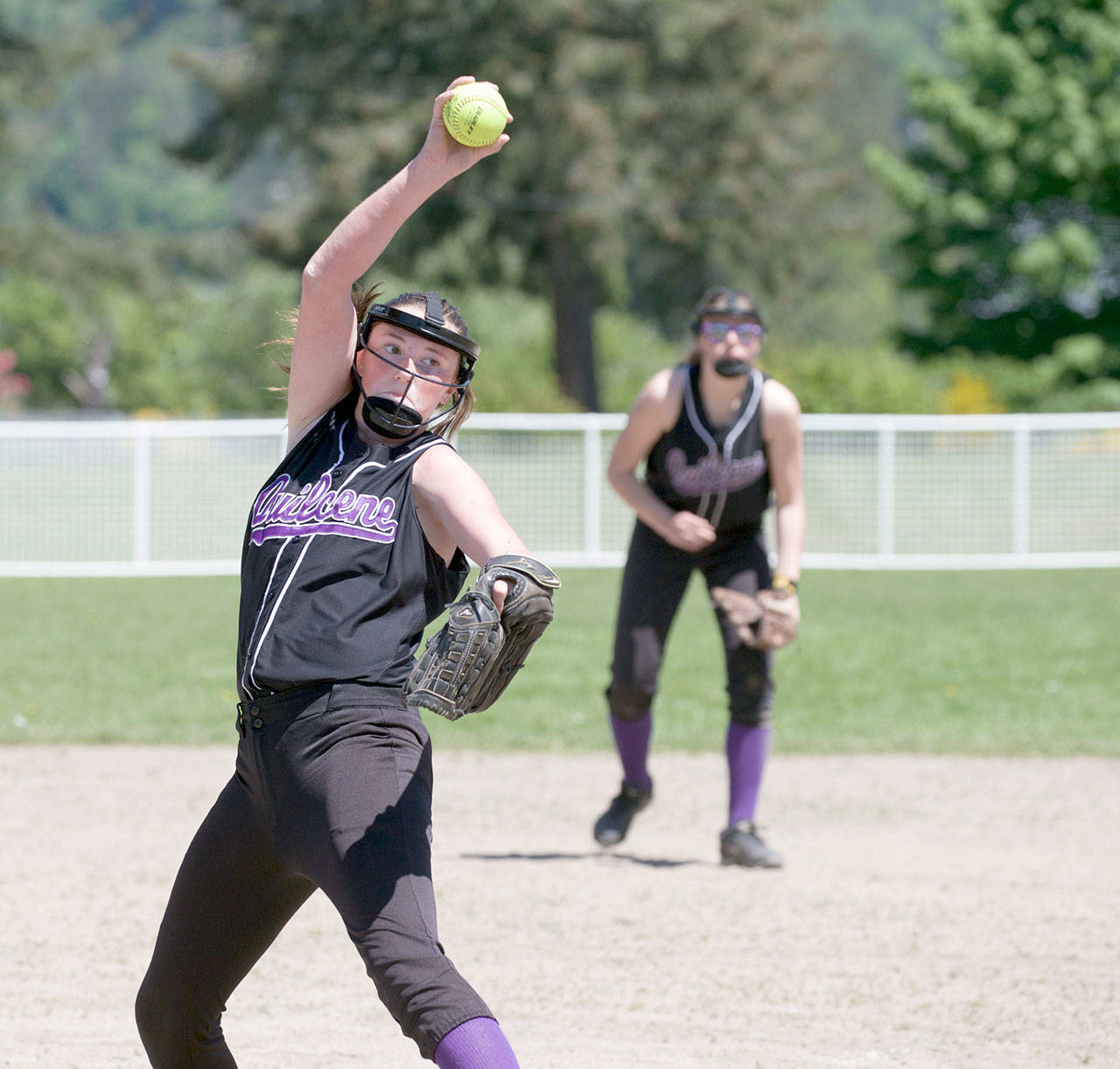 Steve Mullensky/for Peninsula Daily News Quilcene pitcher Bailey Kieffer pitches in the 1B Divisional Championship game against the Oakville Acorns. The Rangers won the game 10-1 as Kieffer struck out 16 batters.