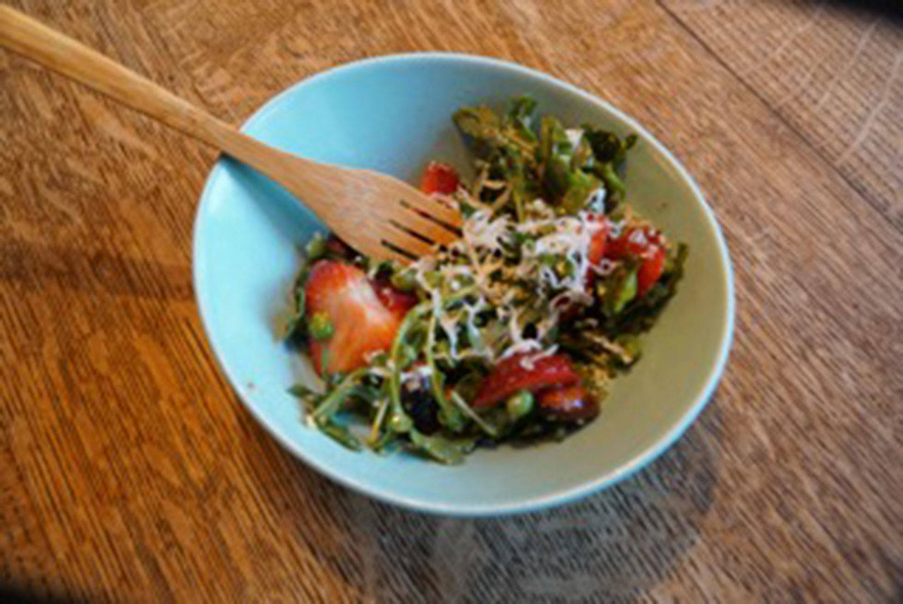 A strawberry, almond and pea salad makes an early summer treat. (Betsy Wharton/for Peninsula Daily News)
