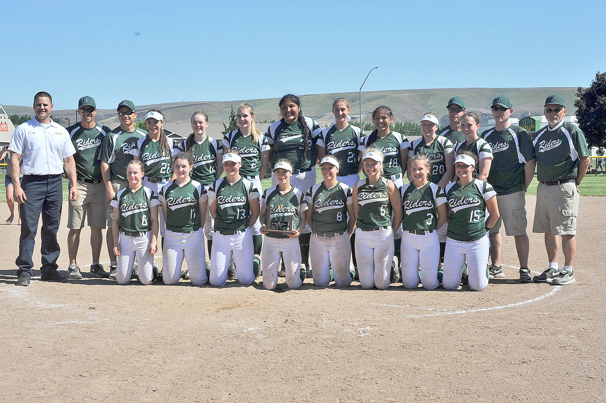Lonnie Archibald/for Peninsula Daily News The Port Angeles softball team with its second-place trophy at the state 2A softball championships. The girls went 3-1 at the tournament and made it to the championship game.