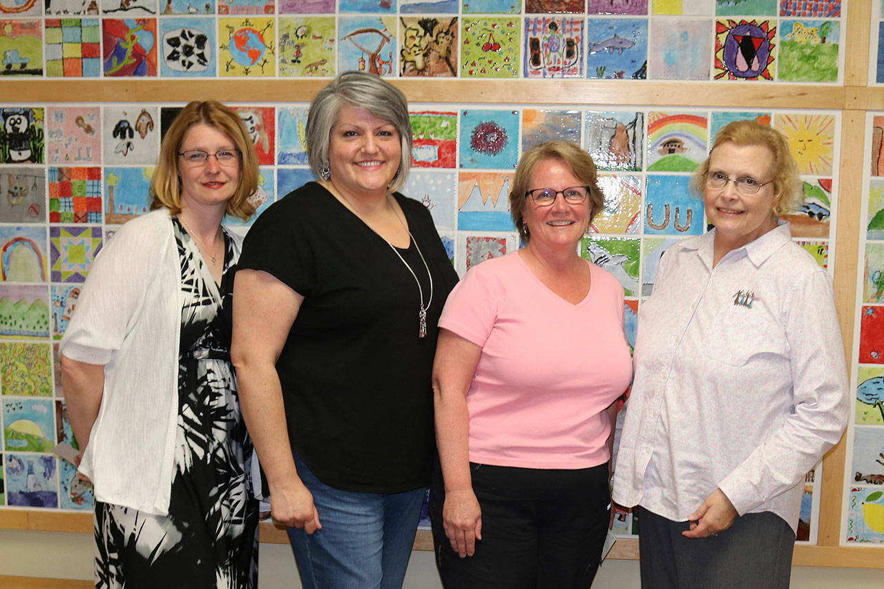 Pictured from left are grant awardees Heather Titterness, Tiffinny Blore and Susan Heyer with Dorothea French, president of the Beta Nu Chapter of the Delta Kappa Gamma Society International. Not pictured are awardees Karen Doran and Britney Martin. (Port Angeles School District)