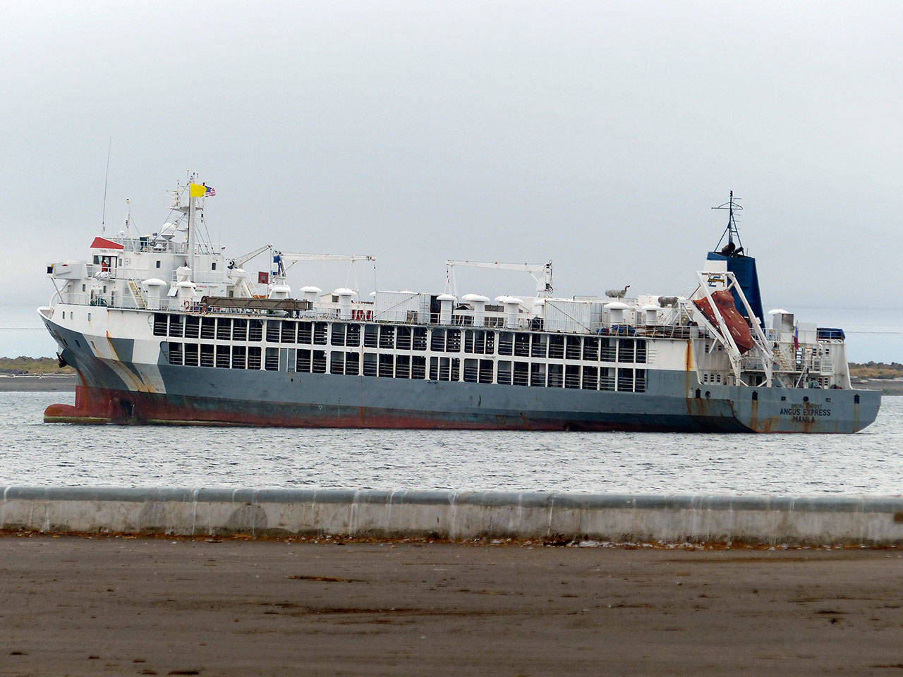 The Angus Express at anchor in Port Angeles Harbor. (David G. Sellars/for Peninsula Daily News)