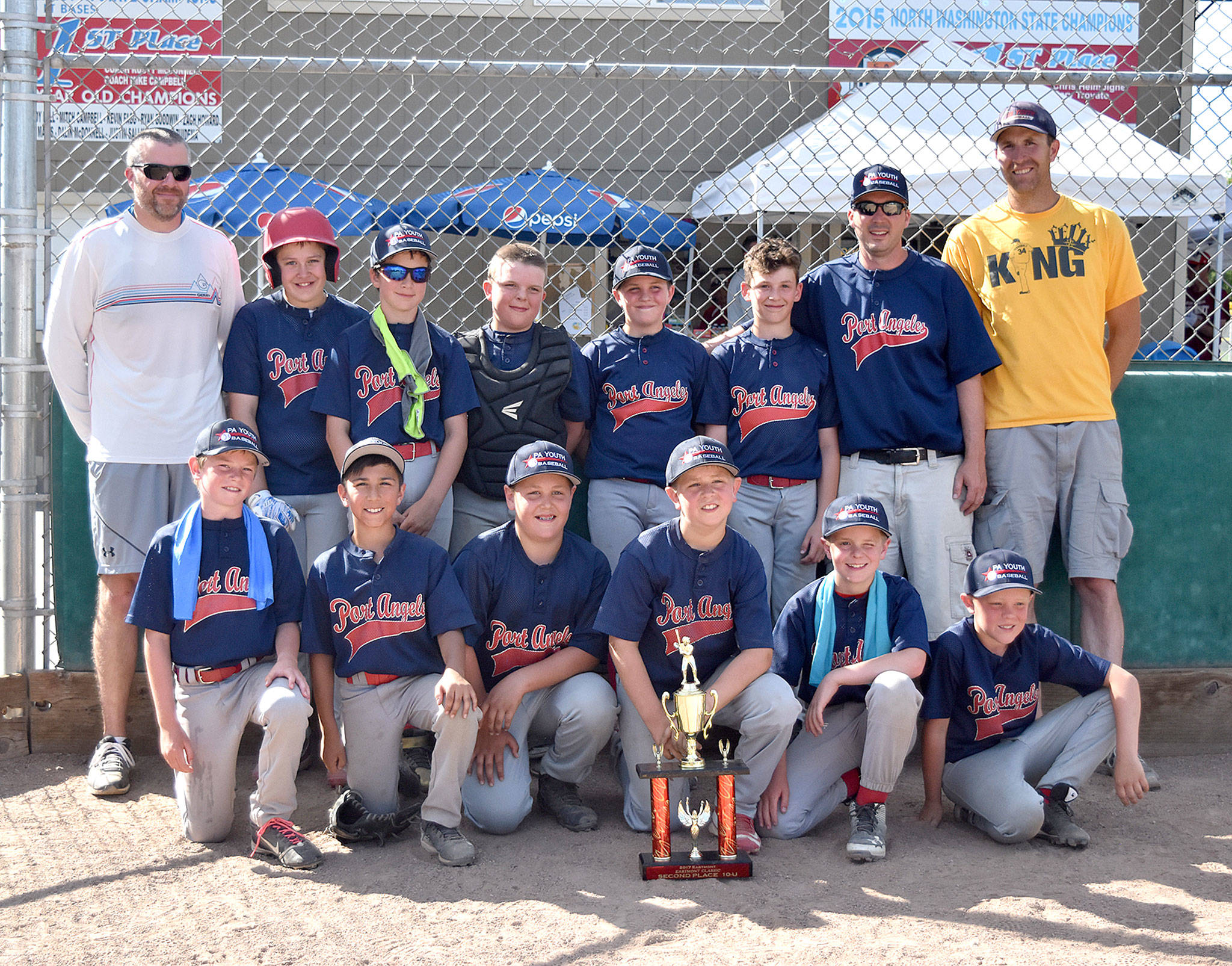 Port Angeles Youth Baseball’s 10U team fell to Mount Vernon in the championship game, taking second place at the Eastmont Classic Youth Baseball Tournament in Wenatchee this past weekend. Port Angeles Youth went 3-1, earning the top seed going into the championship game. Back row, from left, are assistant coach Sean Worthington, Cole Johnson, Rylan Politika, Brady Rudd, Blake Sohlberg, Cole Beeman, Manager Joe Politika and assistant coach Wes Beeman. Front row, from left are Luke Flodstrom, Phoenix Flores, Joseph Ritchie, Jordan Shumway, Austin Worthington and Hunter Stratford. Team members not pictured: Josiah Gooding, Alex Angevine and assistant coach Jason Gooding.