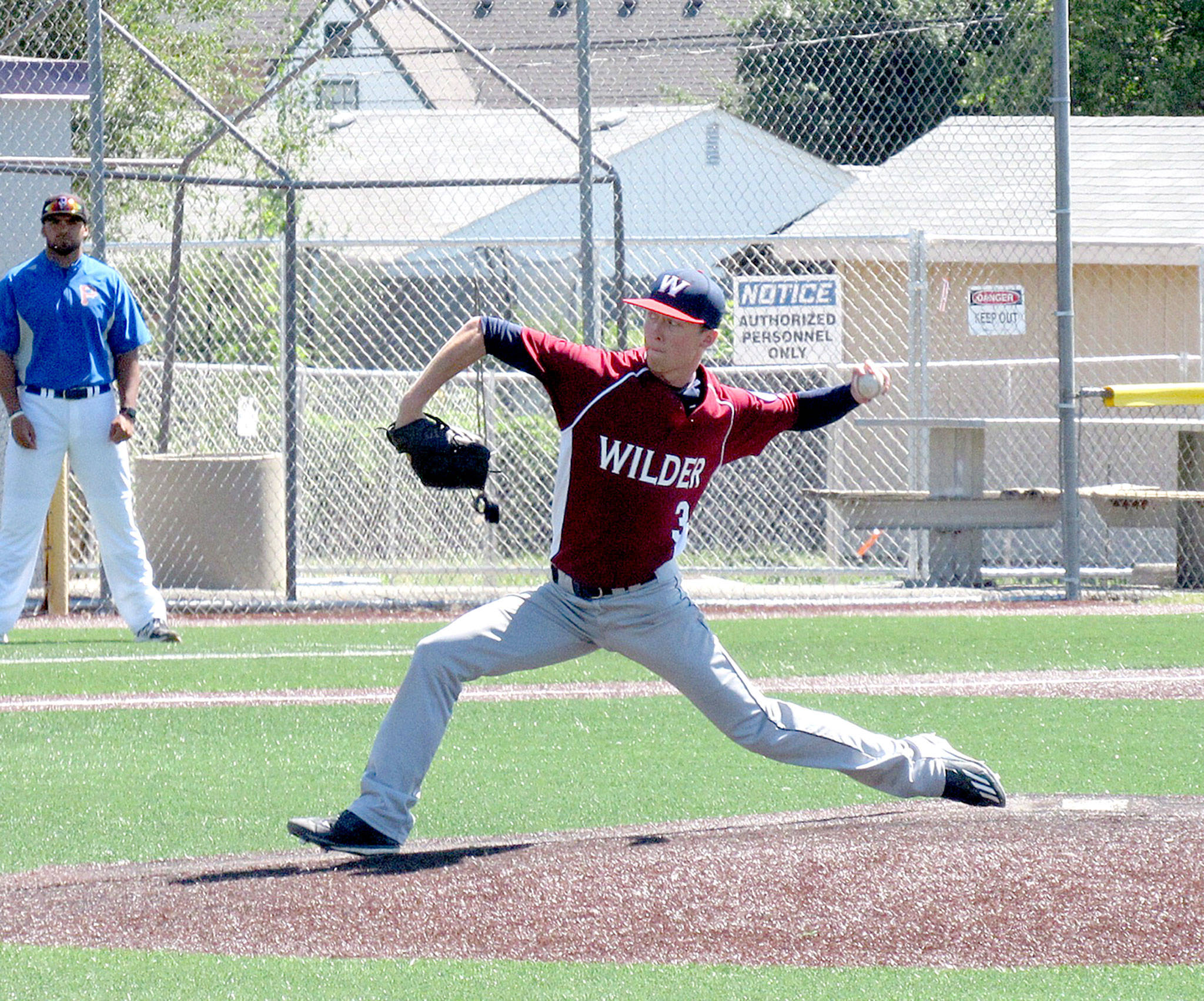 Jamie Wood/for Peninsula Daily News Curan Bradley of the Wilder Seniors pitches against Wenatchee Tuesday. Bradley went 5 1/3 innings, giving up just four hits and one walk.