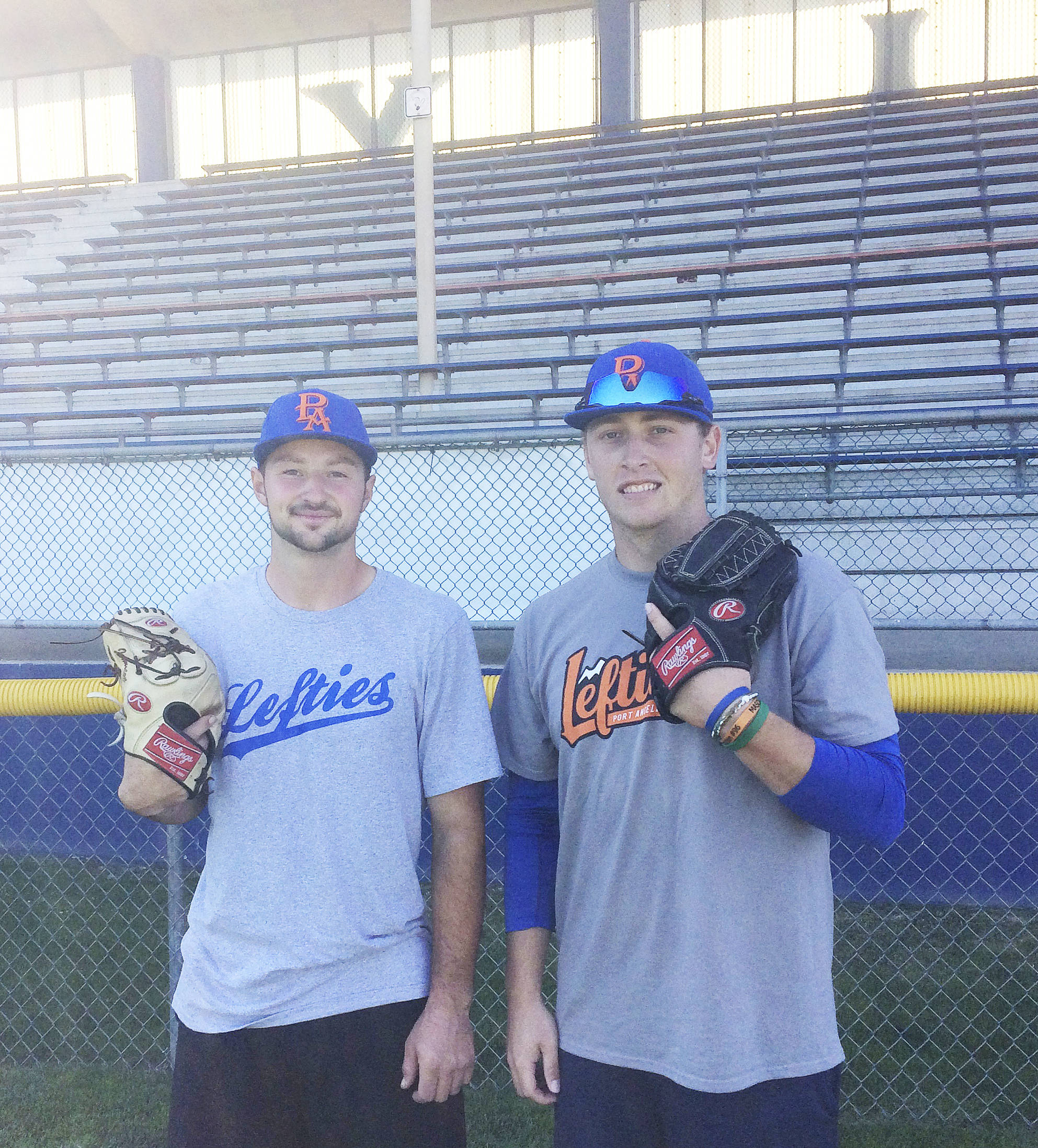 Sequim’s Nick Johnston, left, and Port Angeles’ Travis Paynter are the first area products to play for the Port Angeles Lefties. Both are former Peninsula Daily News All-Peninsula Baseball MVPs. Michael Carman/Peninsula Daily News