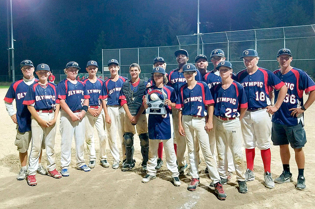 The Olympic 14U baseball team. From left, back row, are coach Ike Hall, Kamron Noard, Seth Woods, Jacob Felton, Carter Windle, Kaleb Ripley, Tanner Price, Trey Baysinger, coach Rob Price, Mason Nickovich, Adam Watkins and coach Steve Felton. From left, front row, are Eli Cyr (holding trophy), Landon Seibel and Wyatt Hall.