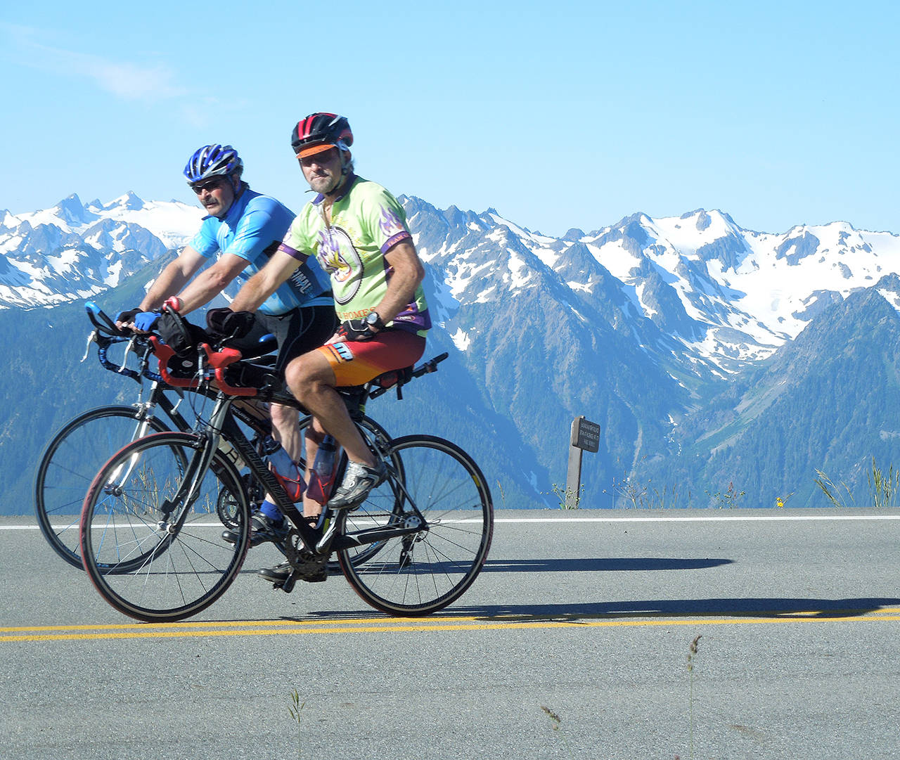 Port Angeles Regional Chamber of Commerce                                Riders cycle down Hurricane Ridge Road during a recent Ride the Hurricane event. Registration for Sunday’s ride is available today and Saturday from 10 a.m. to 4 p.m. at the Port Angeles Visitor Center, 121 E. Railroad Ave., and Sunday starting at 6 a.m. in the Peninsula College parking lot.