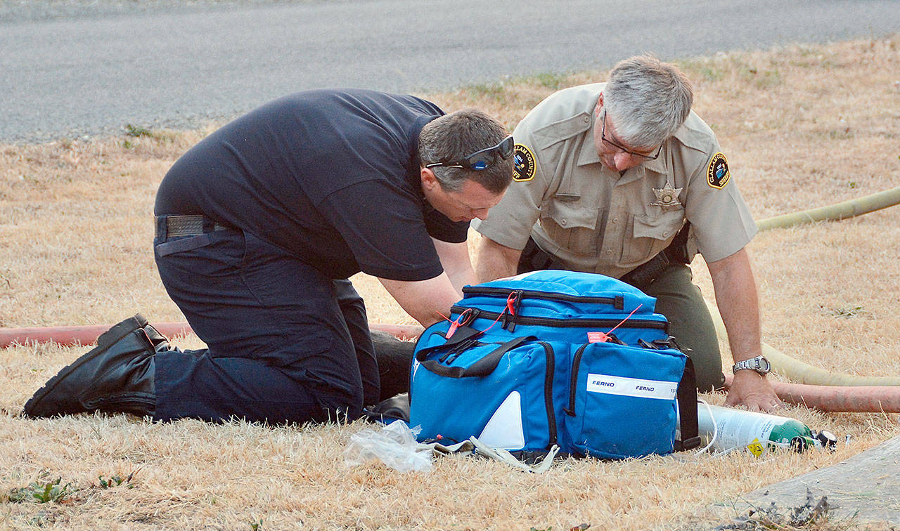 A Clallam County sheriff’s deputy and a paramedic attempt to resuscitate a dog which perished in a fire Wednesday evening in Port Angeles. (Jay Cline/Clallam Fire District No. 2)