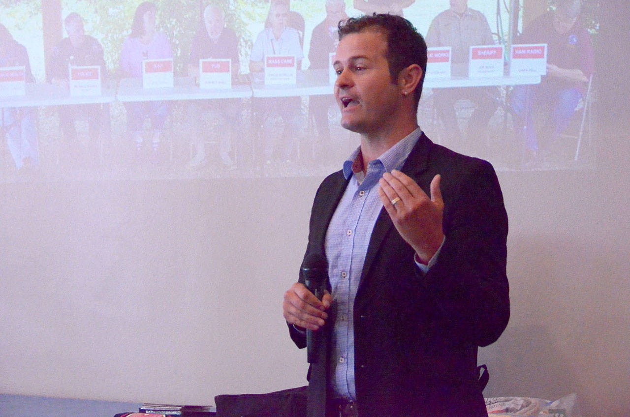 Daniel Milholland was Monday’s guest at the Jefferson County Chamber of Commerce luncheon to talk about the importance of emergency preparedness. (Cydney McFarland/Peninsula Daily News)