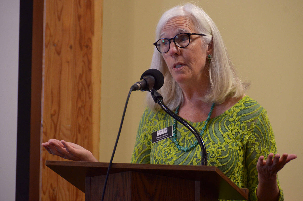 Janette Force, executive director of the Port Townsend Film Festival, speaks to members of the Jefferson County Chamber of Commerce on Monday to preview some of the short films that will be shown at this year’s film festival and to discuss the festival’s partnership with the Jefferson County Farm Tour. (Cydney McFarland/Peninsula Daily News)
