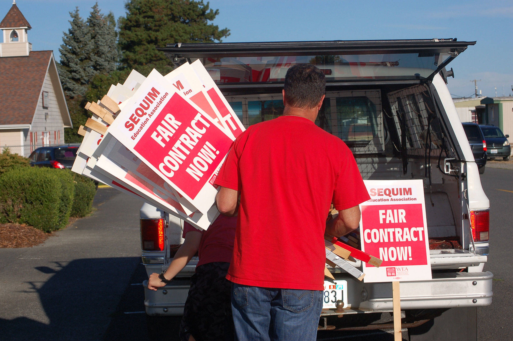 Members of the Sequim Education Association, the Sequim teachers union, gathered for a general membership meeting Sept. 13, at Faith Lutheran Church, where they voted to authorize union leaders to call for a strike on or after Sept. 27 if an agreement is not reached with the Sequim School District by that time. (Erin Hawkins/Olympic Peninsula News Group)