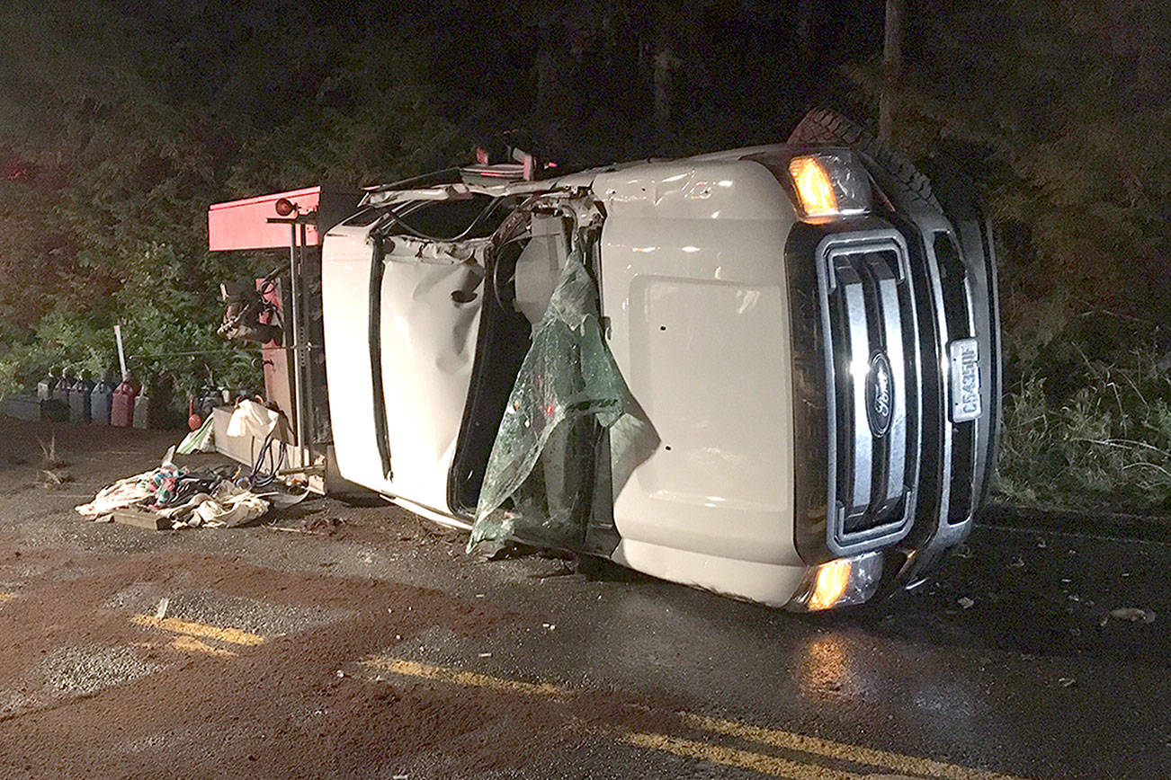 A 2016 Ford F-350 is shown after a fatal wreck on U.S. Highway 101 at Lake Crescent early Monday. (Clallam County Fire District No. 2)