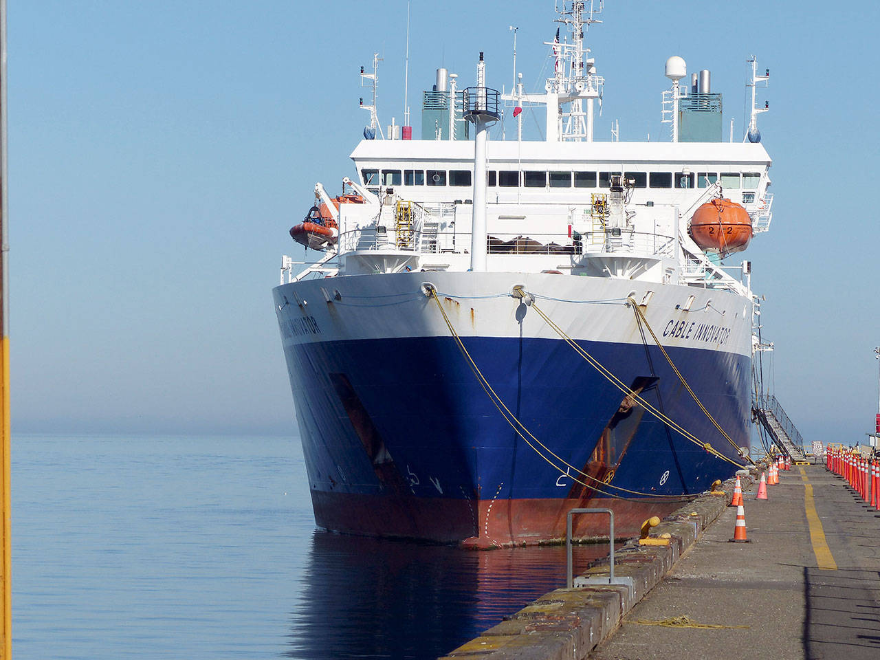 The Cable Innovator is pictured at Terminal One in the Port of Port Angeles. (David Sellars/for Peninsula Daily News)
