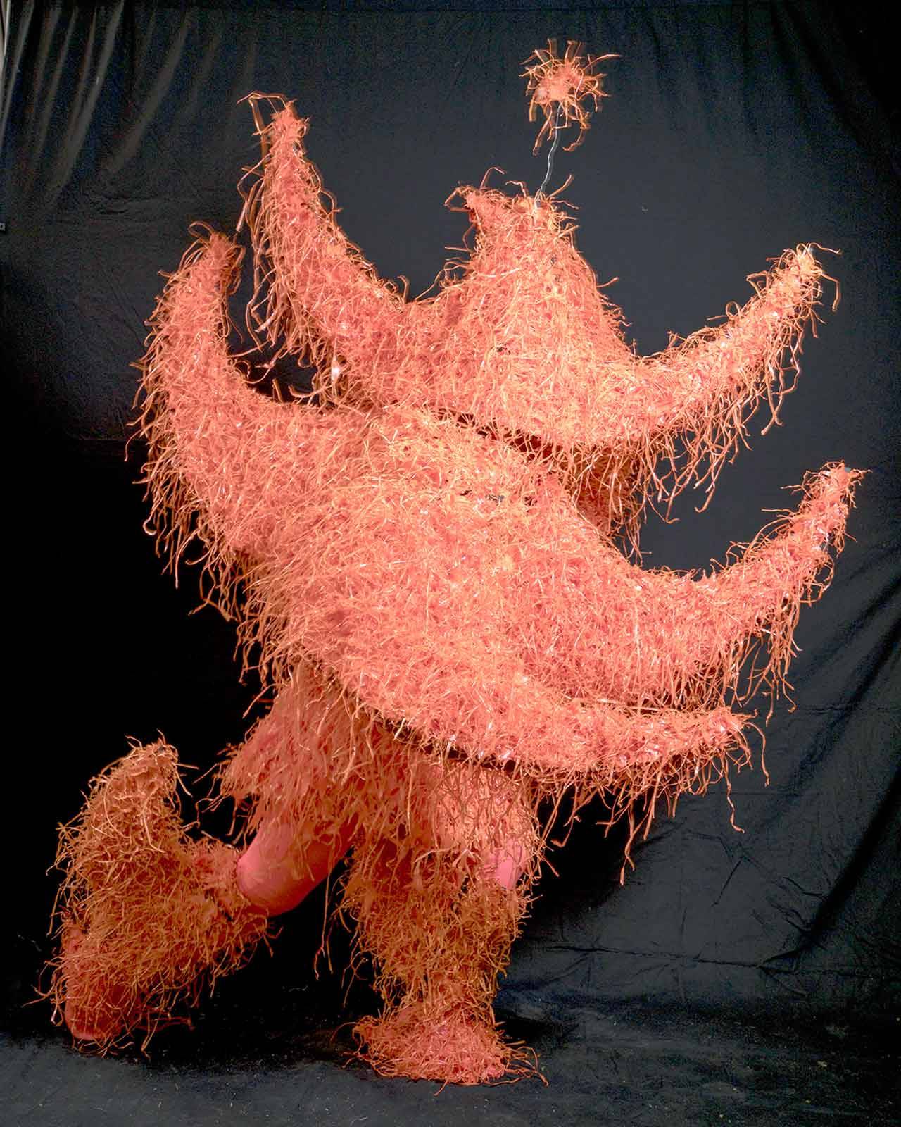 Margie McDonald created “Thorned Orange Biped” from pulled plastic fencing tagged onto a foam mat, which she glued and sewed together. (Philip Baumgaertner)