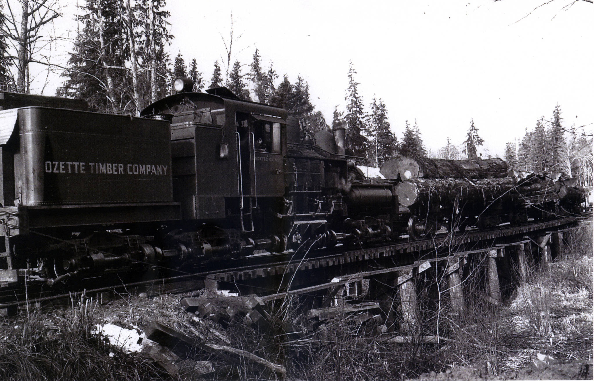 Before retiring to Tillicum Park, the 10 Spot, a Pacific Coast Shay locomotive, did its time in the timber industry, working for the Ozette Timber Co. and Rayonier. A gift from Rayonier to the city in July 1960, the train was a wonderful piece of play equipment for many Forks children. Today, the train sits covered and fenced and thankfully cared for. This photo shows the locomotive at work. (Olympic Peninsula News Group)