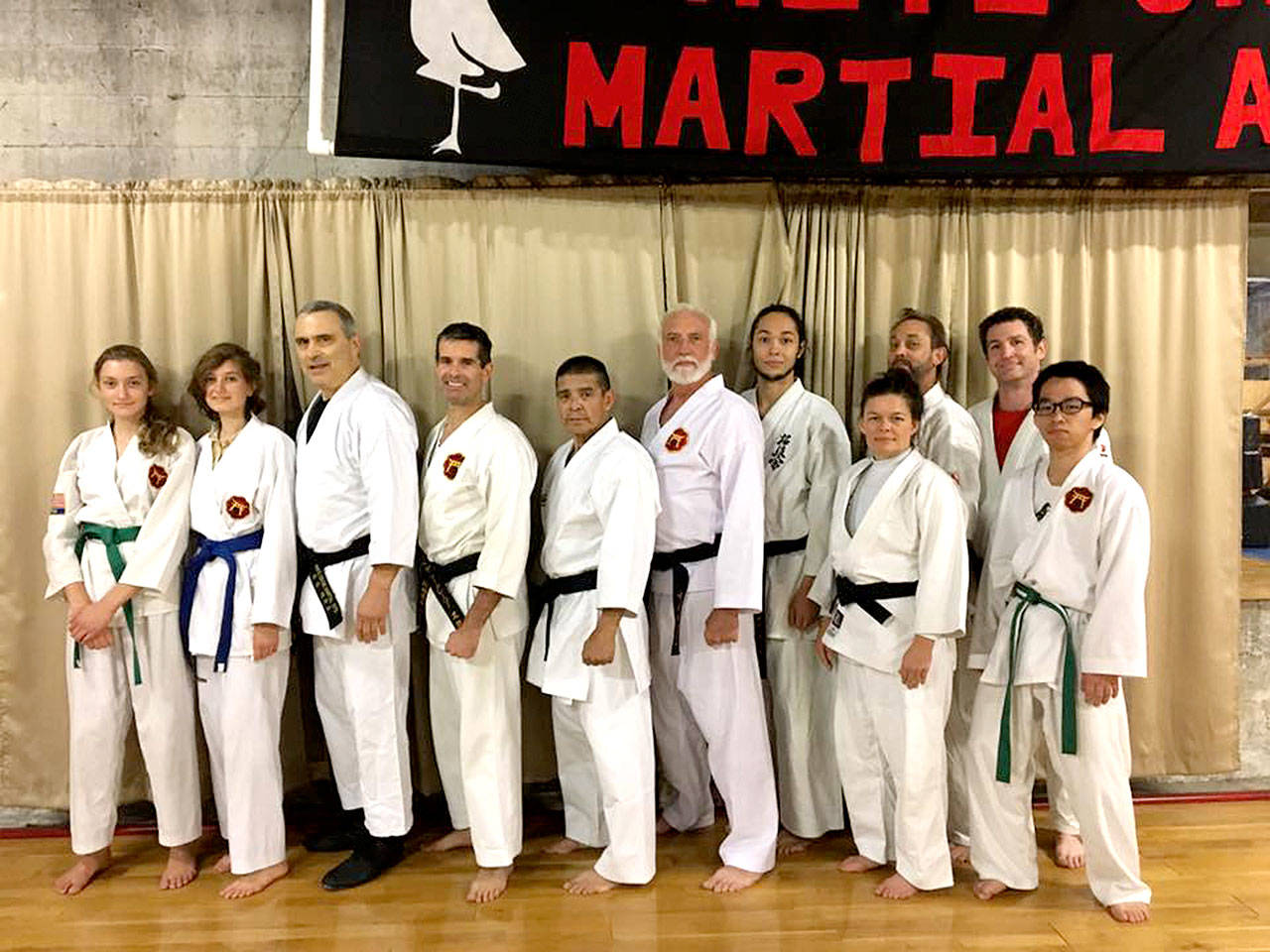From left, taking part in black belt training, are Anna and Elita Nivens of the Peninsula College taekwondo program, David Klein (White Crane instructor), Peter Grilley (Shorin Ryu master from Seattle), Manuel Torres (head karate instructor at White Crane), Grandmaster Robert Nicholls (owner and head of Washington Taekwondo), Dylan Smith, Bevin Daglen, Rupert Smith and Jason Deignan (Portland Or judo and kyokinshin karate club), Hiro Ito (Peninsula College taekwondo program).