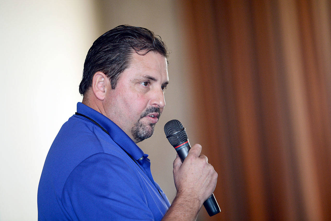 Bill Lee, a Joyce native and CEO of Airborne Environmental Control Systems, told those who attended the Port Angeles Regional Chamber of Commerce luncheon Wednesday his startup company has already captured $200 million in contracts. (Jesse Major/Peninsula Daily News)