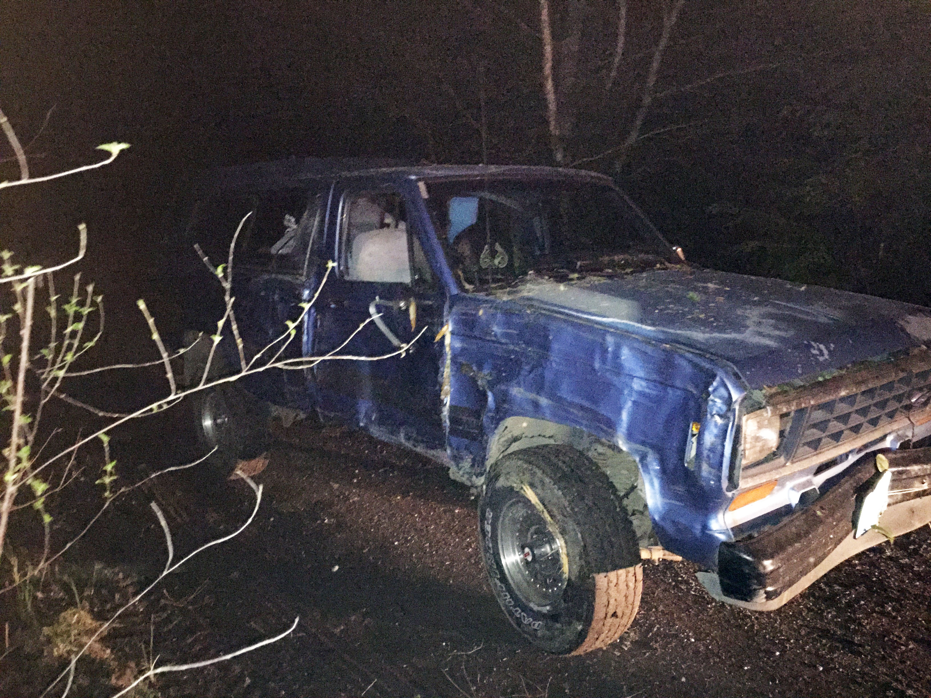 The pickup truck involved in this morning's pursuit by sheriff's deputies after it crashed into a tree west of Port Angeles. (Clallam County Sheriff's Office)